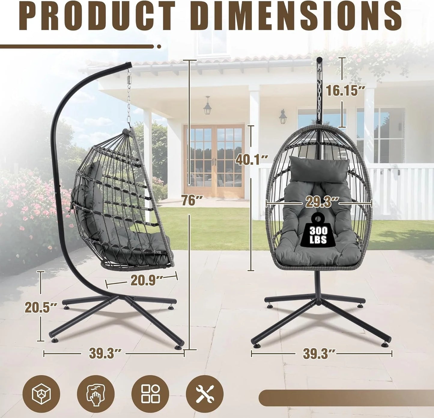 Egg Chair with Stand, Outdoor Hanging Swing Chairs, Indoor Hammock Egg Chair with Removable Cushion and Pillows, Patio Wicker Porch Swings 300LBS Capacity for Garden, Lawn (Grey, Single)