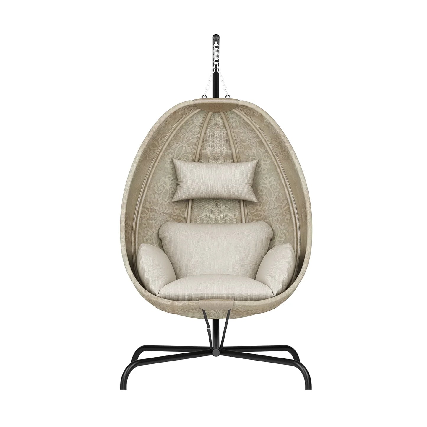 Foldable Egg Chair with Stand, 485LBS Capacity Textilene Hammock Swing Chair for Outdoor & Indoor, Patio Hanging Chair with Strong Frame & UV Resistant Cushion for Balcony, Bedroom, Cream/D2