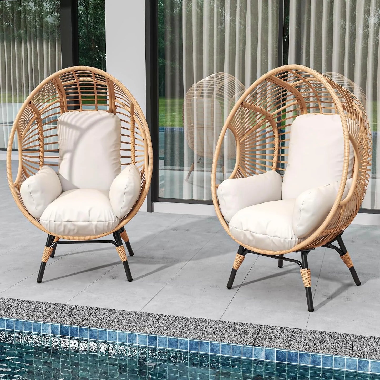Oversized Egg Chair Outdoor Indoor,Patio Lounge Chair with Thicken Cushions & Durable Steel Frame, Egg Basket Chair 500Lbs Capacity for Garden, Backyard, Porch,Bedroom (Beige-Regular)