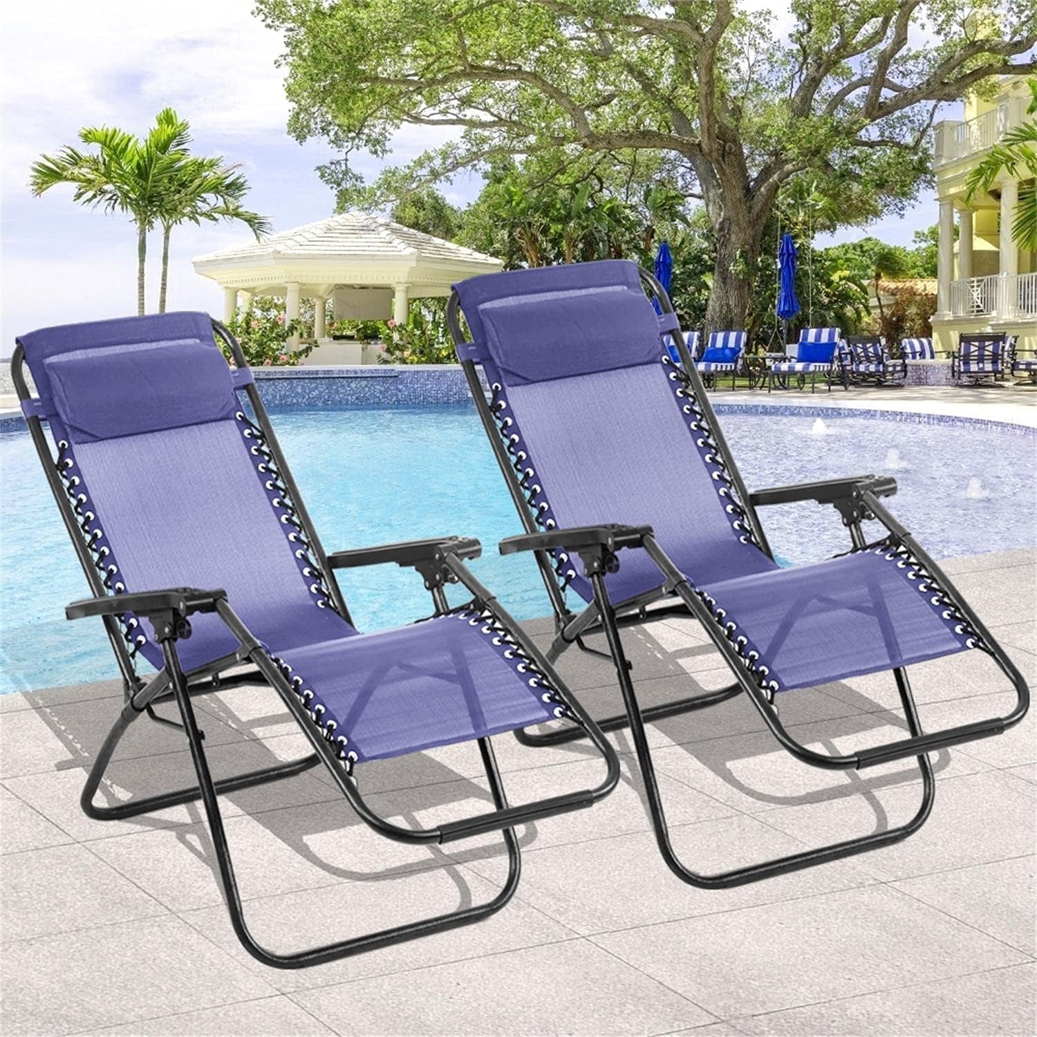 Zero Gravity Chair Set of 2, Reclining Folding Outdoor Chairs with Adjustable Headrest & Cup Holder, anti - Gravity Loungers for Backyard, Patio, Lawn, Poolside, Blue
