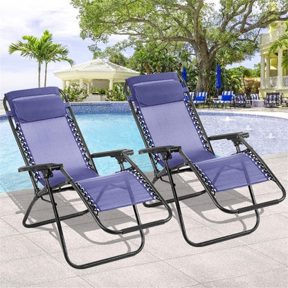 Zero Gravity Chair Set of 2, Reclining Folding Outdoor Chairs with Adjustable Headrest & Cup Holder, anti - Gravity Loungers for Backyard, Patio, Lawn, Poolside, Blue