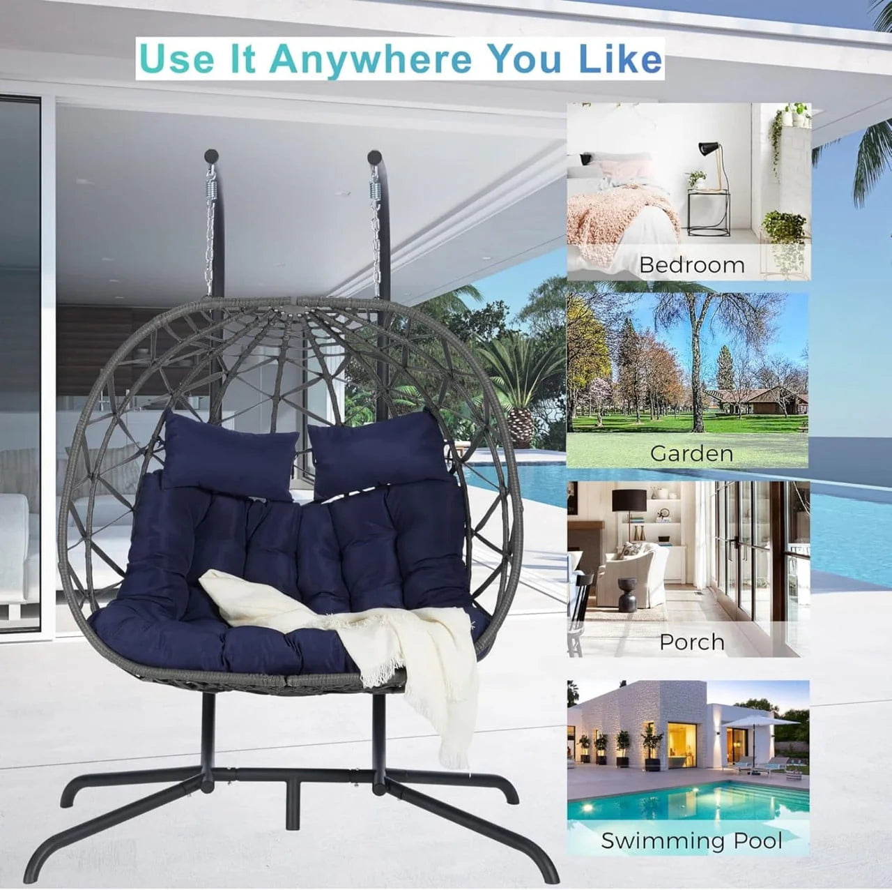 Double Swing Egg Chair with Stand, 2 Person Indoor Outdoor Wicker Loveseat, Oversized Patio Hanging Basket Chair with Cushions, Cozy Sturdy Porch Swing for Backyard
