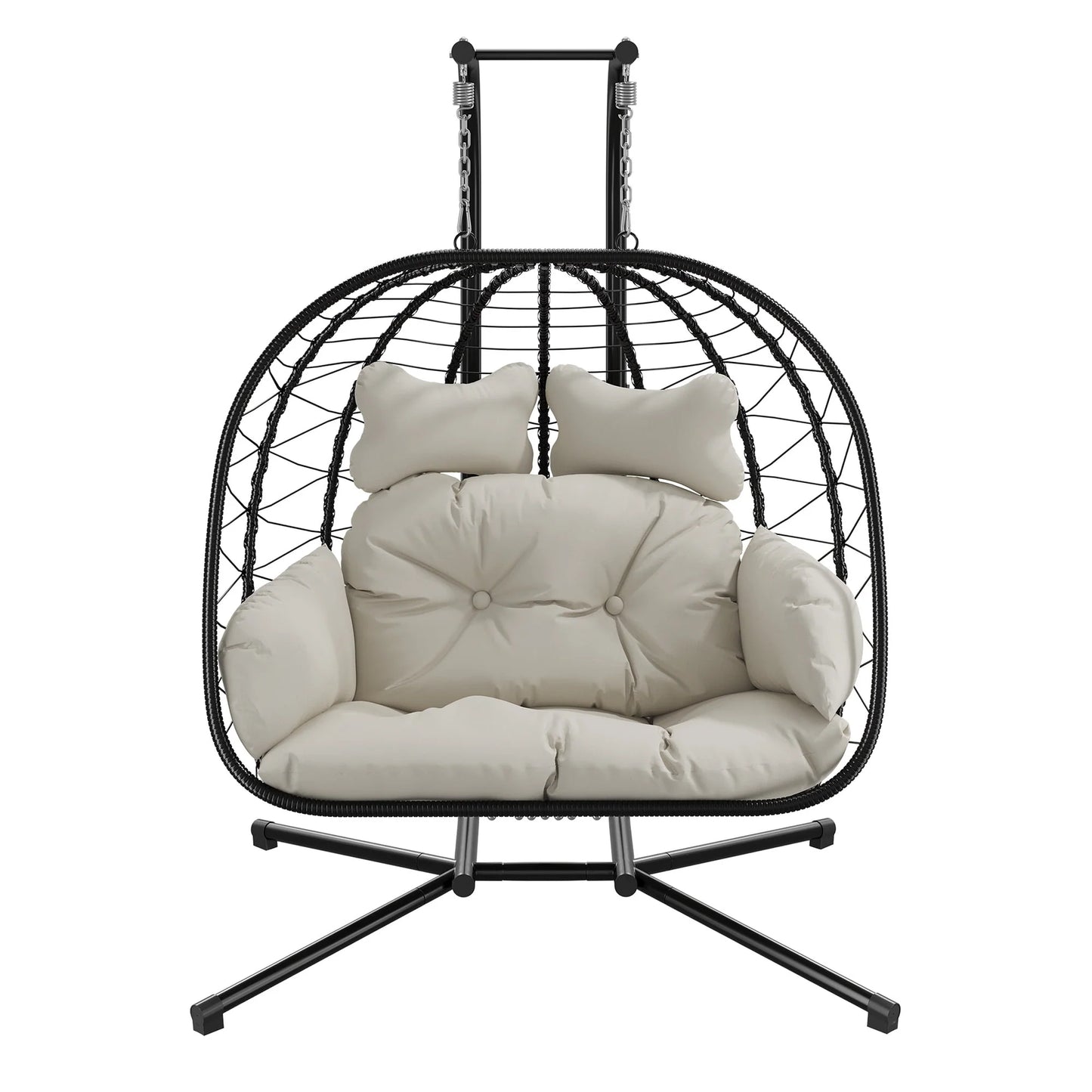 Double Wicker Swing Egg Chair Hammock Foldable Hanging Loveseat with Stand, UV Resistant Removable Cushions, 700LBS Capacity for Bedroom, Balcony (Black and Beige)