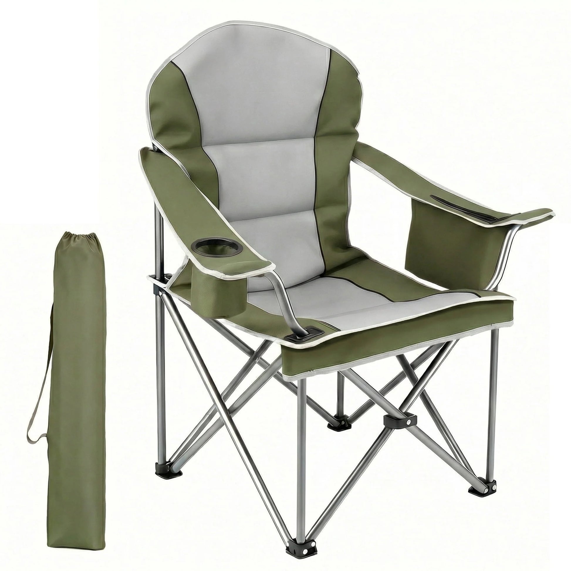 Heavy Duty Camping Chair 500 Lb Capacity, Oversized Extra Wide for Adults, Padded High Back Folding Lawn Chair, 500 Lbs Steel Frame, Portable Outdoor Camping Chair with Cup Holder, Green
