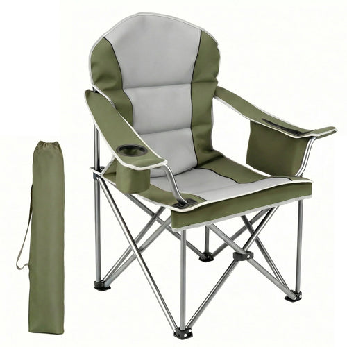Heavy Duty Camping Chair 500 Lb Capacity, Oversized Extra Wide for Adults, Padded High Back Folding Lawn Chair, 500 Lbs Steel Frame, Portable Outdoor Camping Chair with Cup Holder, Green