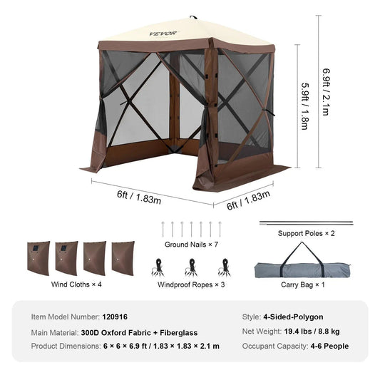 【Dealsforyoudays】Vevor Camping Gazebo Screen Tent, 12*12Ft, 6 Sided Pop-Up Canopy Shelter Tent with Mesh Windows, Portable Carry Bag, Stakes, Large Shade Tents for Outdoor Camping, Lawn and Backyard, Brown/Beige