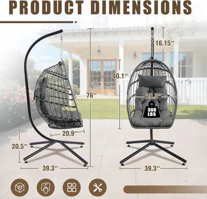 Egg Chair with Stand, Outdoor Hanging Swing Chairs, Indoor Hammock Egg Chair with Removable Cushion and Pillows, Patio Wicker Porch Swings 300LBS Capacity for Garden, Lawn (Grey, Single)