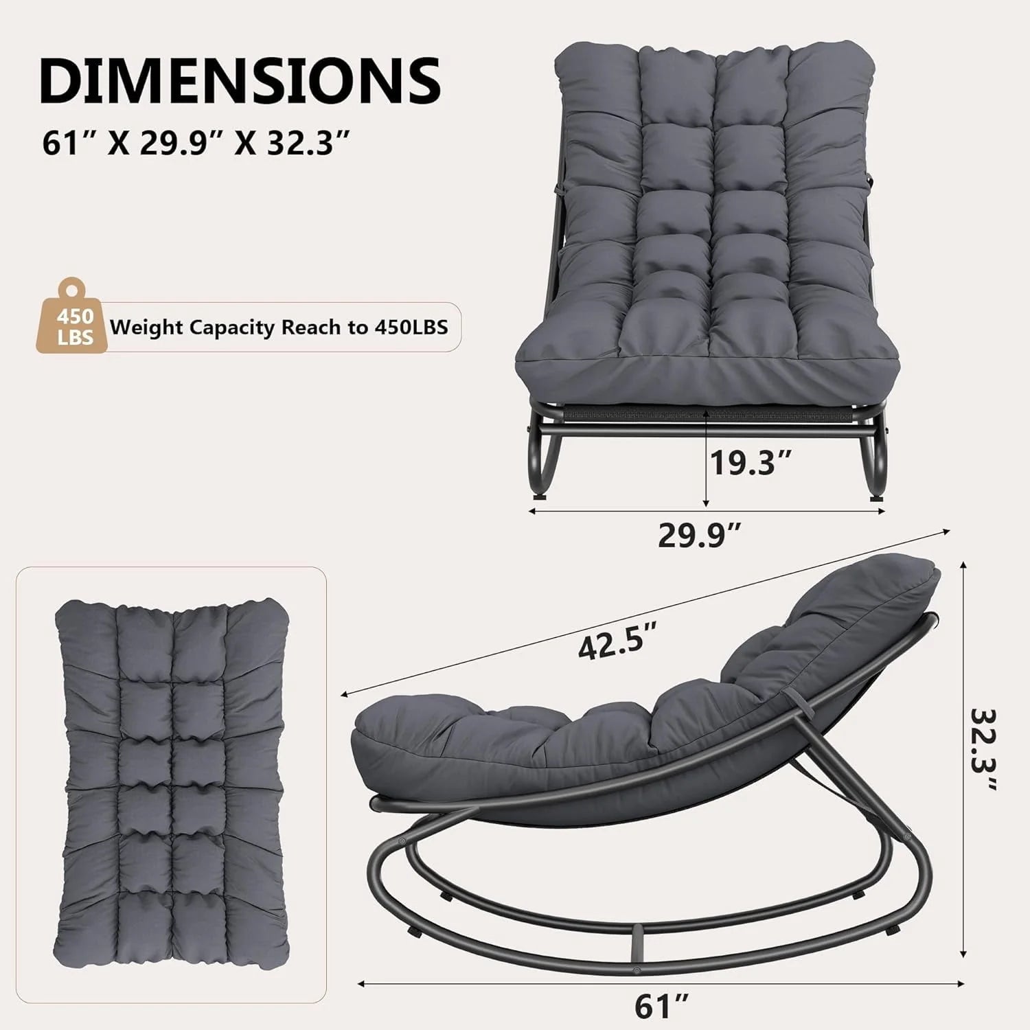 Outdoor Lounge Chairs, Papasan Rocking Chair, Oversized Egg Chair with Adjustable Tilt & Removable Cushion, 450 Lbs Capacity Rust-Proof Steel Frame for Patio, Porch, Poolside, Gray
