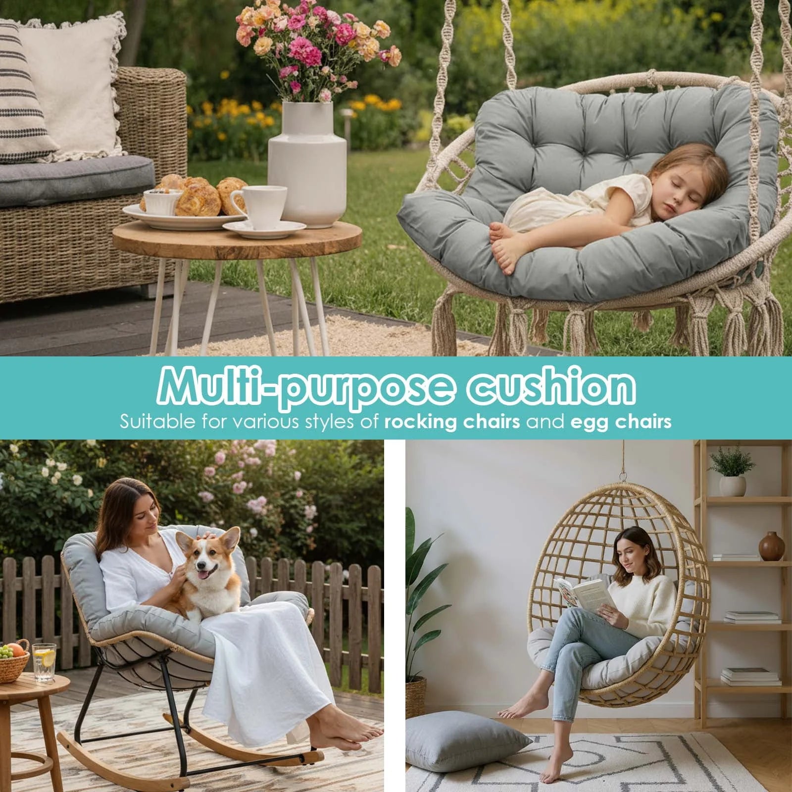Swing Egg Chair Cushion, Waterproof Rocking Chair Pad, Oversized Hammock Chair Pad, Multifunctional Wicker Egg Lounge Chair Soft Cushion Indoor Outdoor, Gray