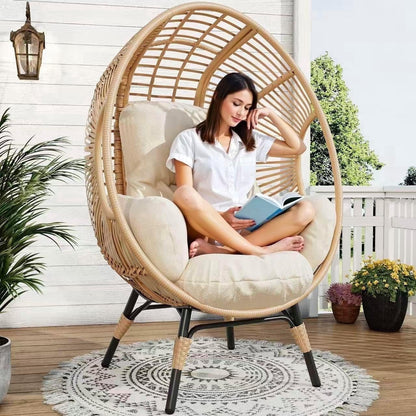 Oversized Egg Chair Outdoor Indoor,Patio Lounge Chair with Thicken Cushions & Durable Steel Frame, Egg Basket Chair 500Lbs Capacity for Garden, Backyard, Porch,Bedroom (Beige-Regular)