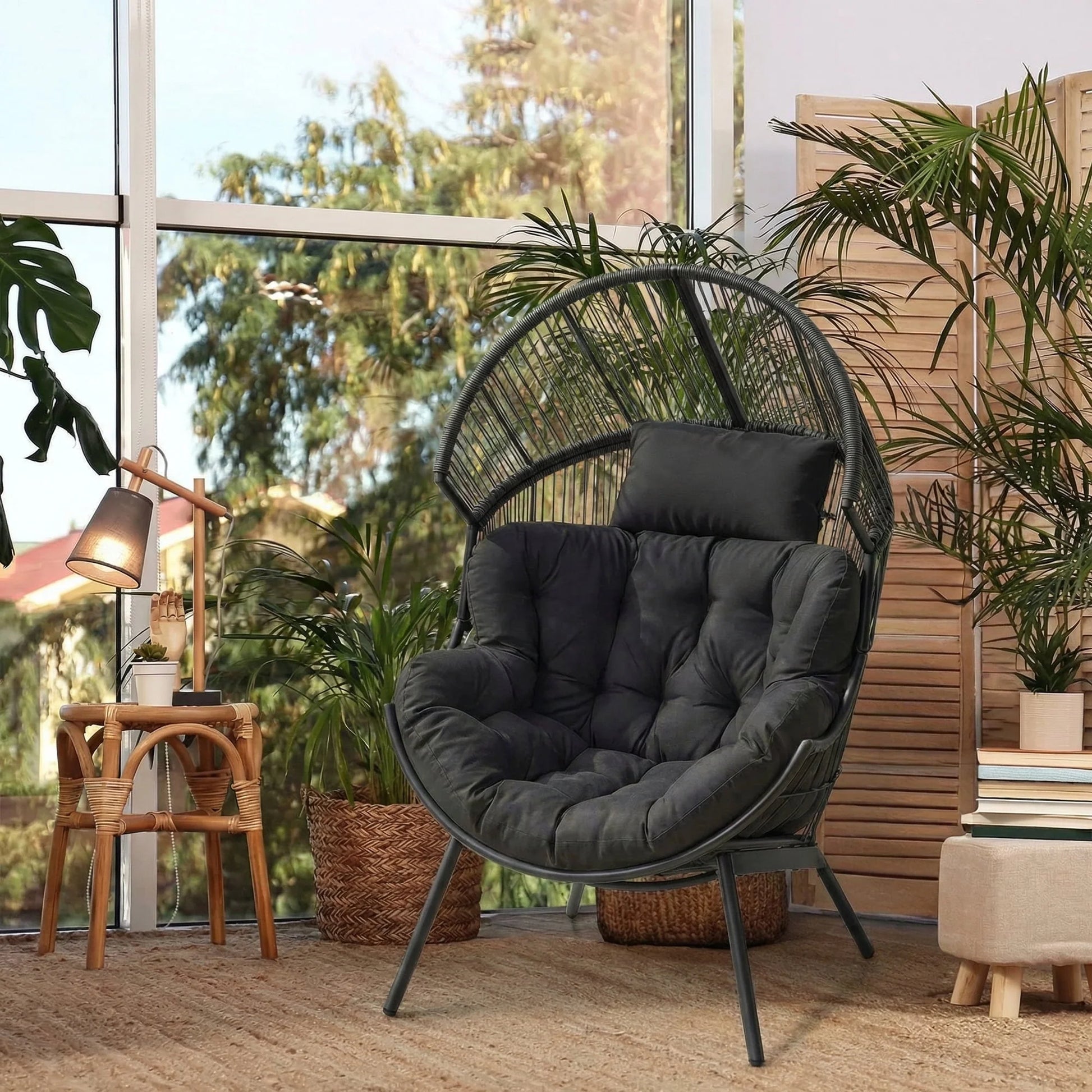 Oversized Egg Chair with Thick Cushion, Wicker Lounge Chair Rattan Patio Chair Indoor Outdoor Patio Lounger Basket Chair W/ Steel Frame, 500Lbs Capacity, Gray