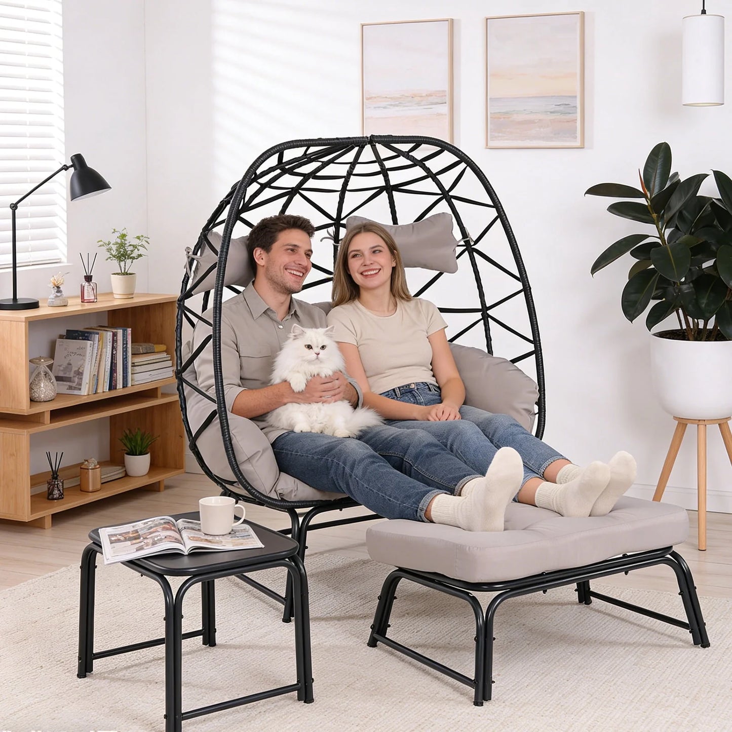 FKSLIFE 2 Person Wicker Egg Chair with Ottoman Cushion Large Egg Basket Chair with Footrest for Outdoor Indoor Patio Balcony Garden