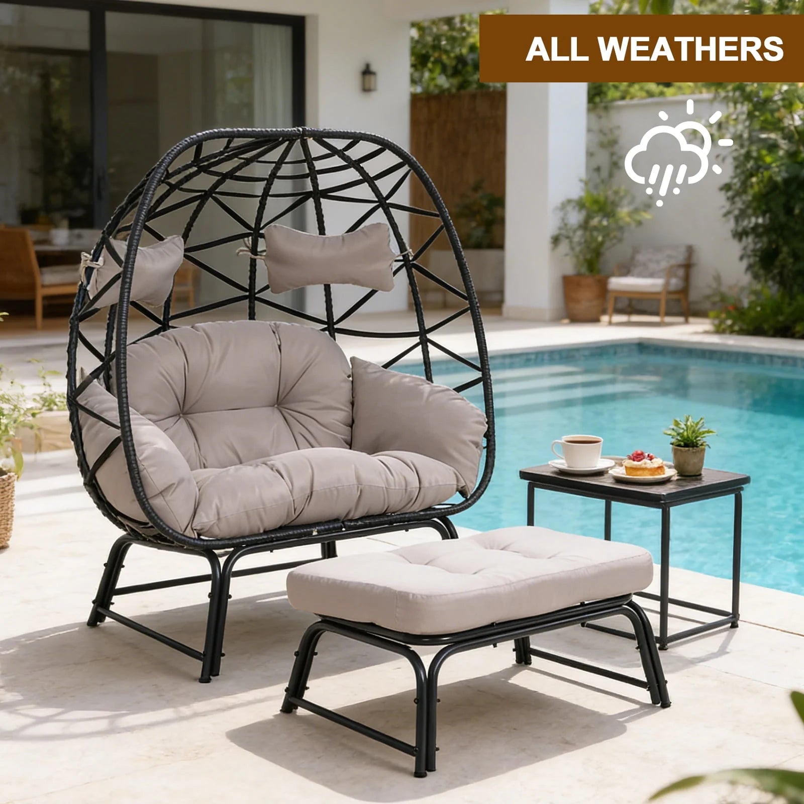 FKSLIFE 2 Person Wicker Egg Chair with Ottoman Cushion Large Egg Basket Chair with Footrest for Outdoor Indoor Patio Balcony Garden