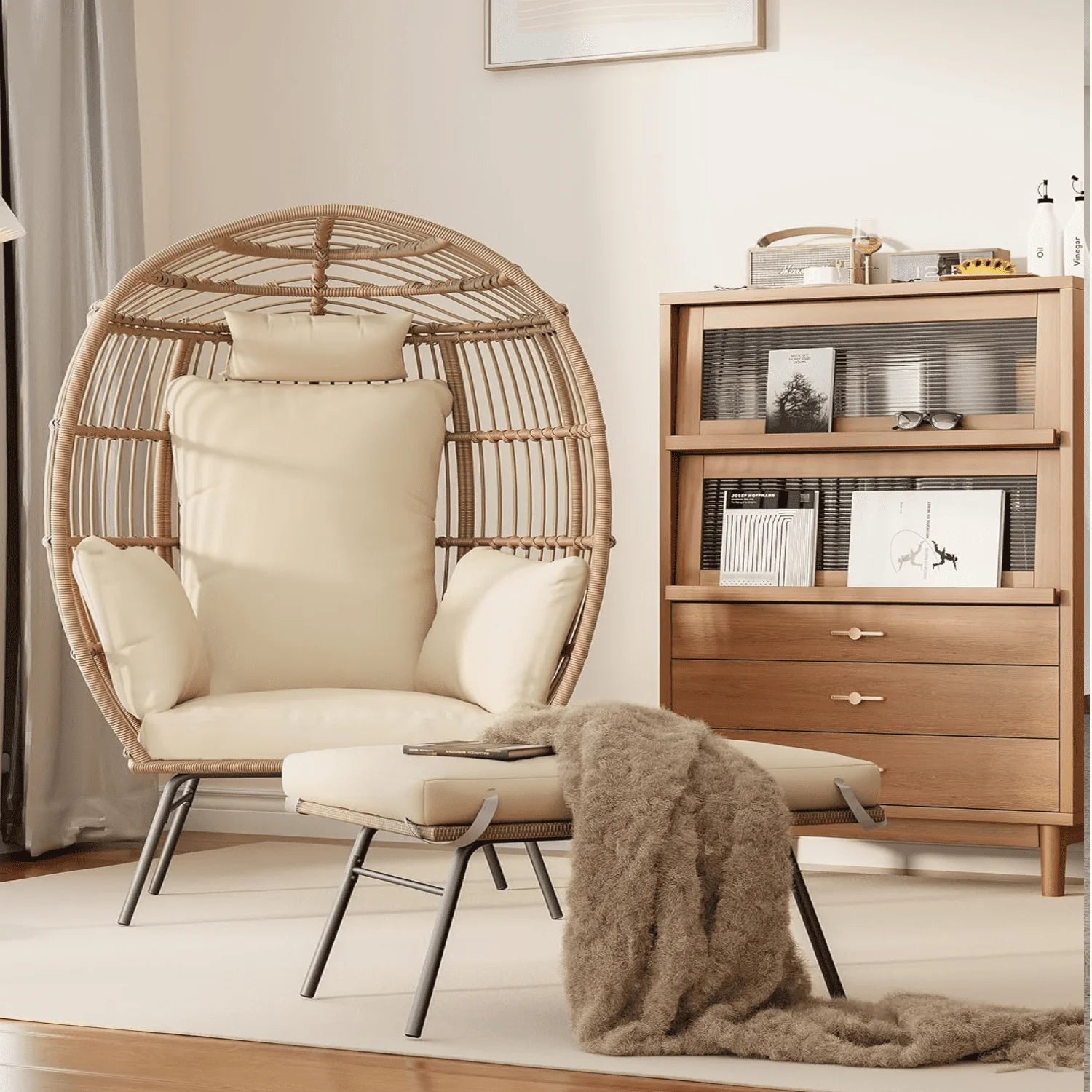 Wicker Egg Chair with Ottoman,Outdoor Indoor Large Egg Basket Lounge Recliner Chair with Thick Cushion for Patio Porch Backyard