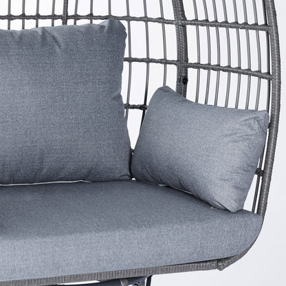 Gray/Gray Indoor/Outdoor Oversized Swivel Lounge Egg Chair with Wicker Rattan Construction and 4 Cushions for Patio, Sunroom, or Deck
