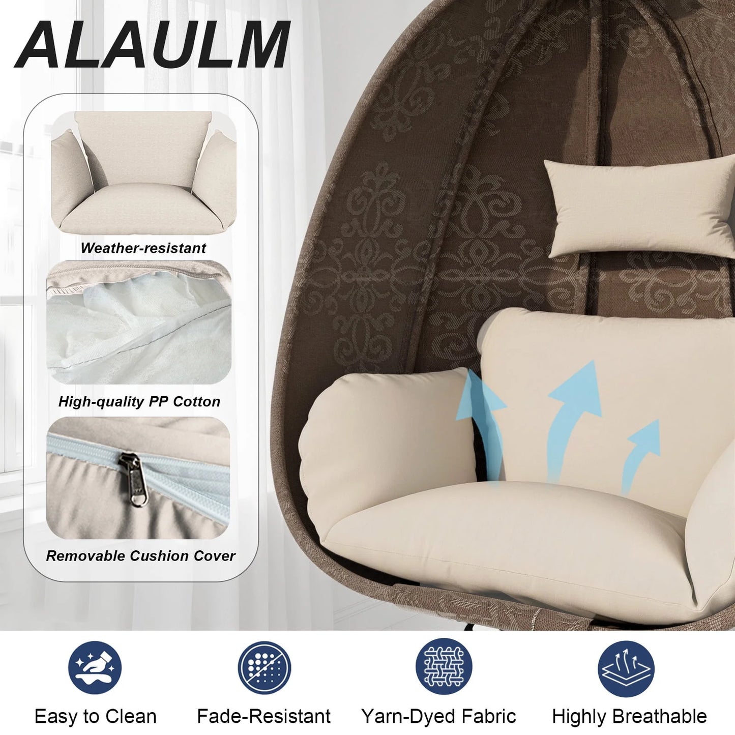 Foldable Egg Chair with Stand, 485LBS Capacity Textilene Hammock Swing Chair for Outdoor & Indoor, Patio Hanging Chair with Strong Frame & UV Resistant Cushion for Balcony, Bedroom, Cream/D2