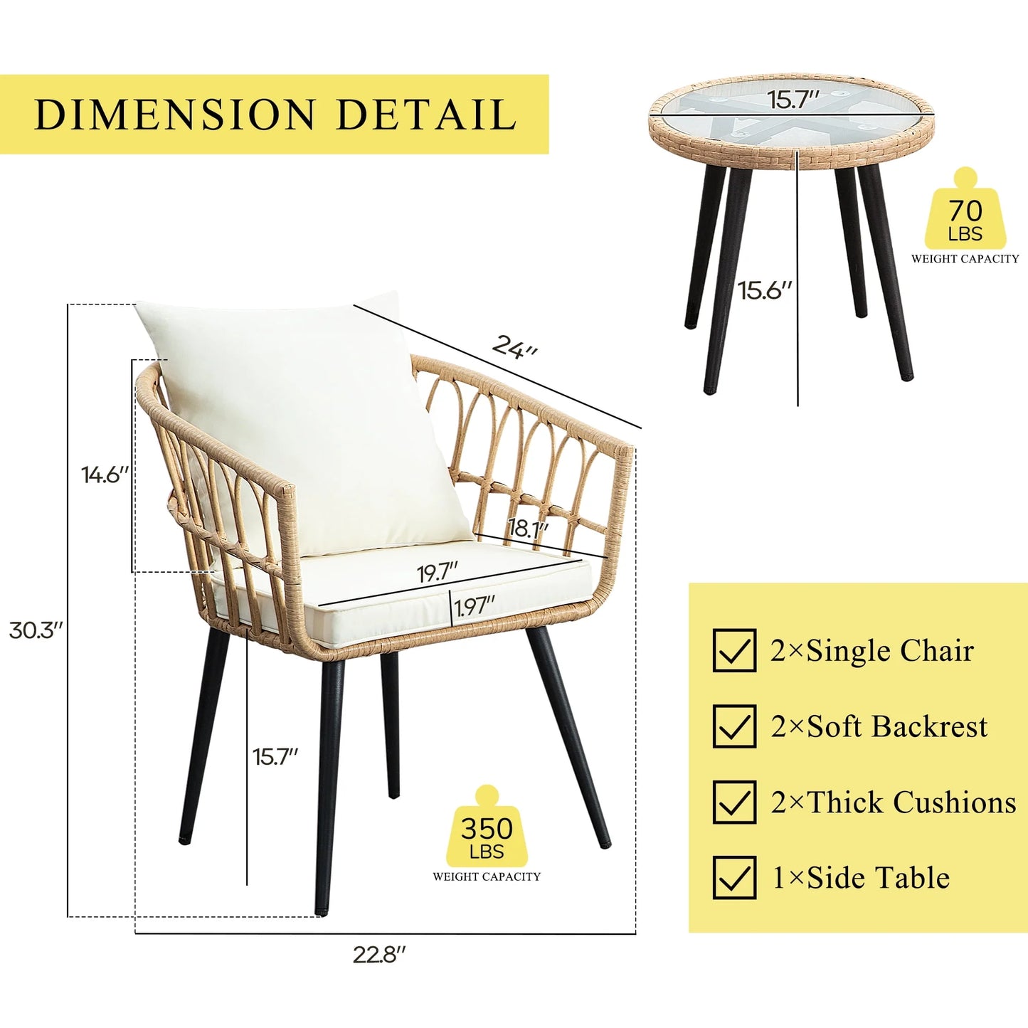 3 Piece Patio Bistro Set,Outdoor Wicker Apartment Balcony Furniture Sets, Rattan Table and Chairs Set of 2 for Porch Backyard Lawn Poolside Deck, Beige