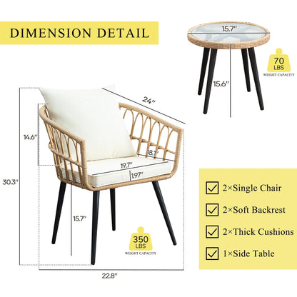 3 Piece Patio Bistro Set,Outdoor Wicker Apartment Balcony Furniture Sets, Rattan Table and Chairs Set of 2 for Porch Backyard Lawn Poolside Deck, Beige