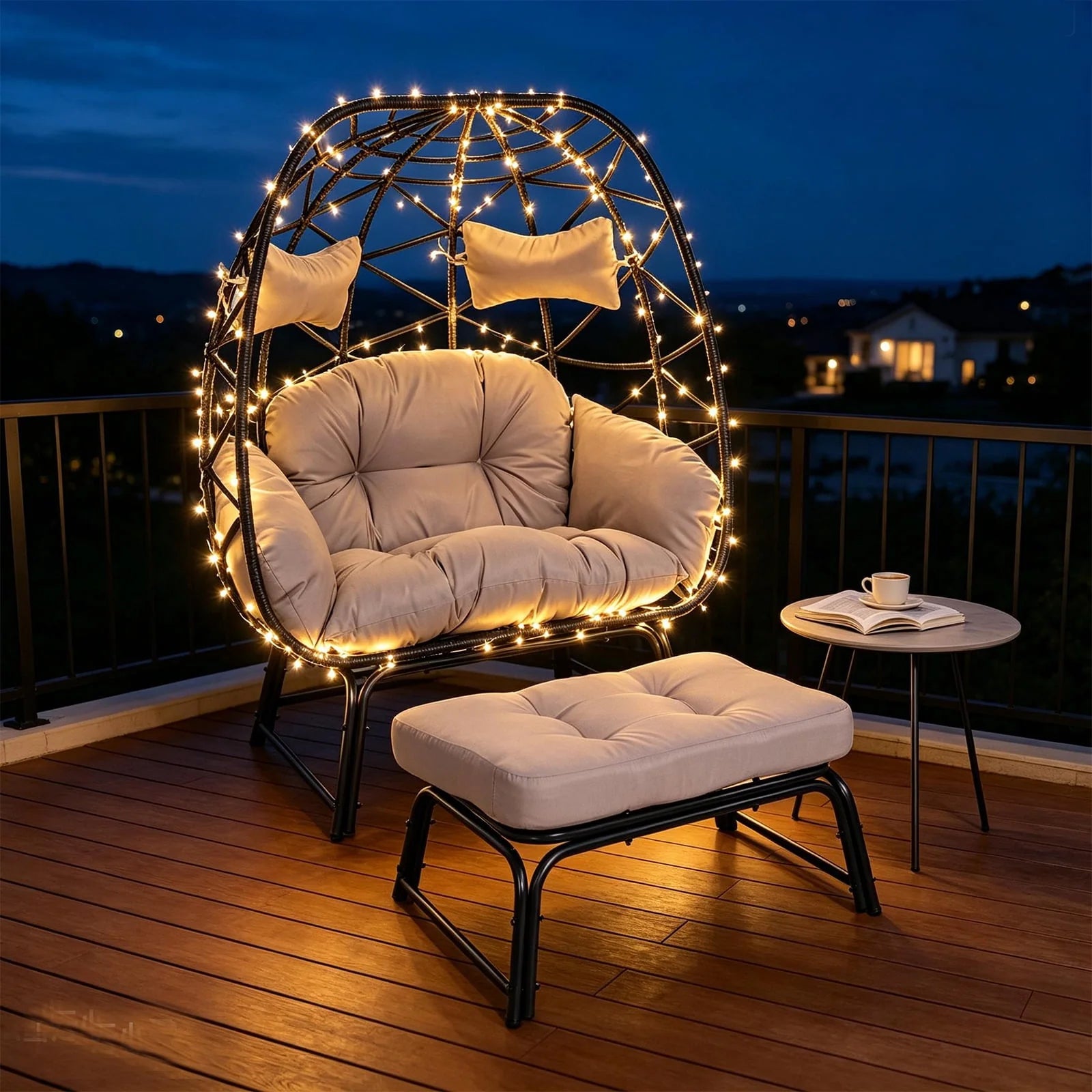 FKSLIFE 2 Person Wicker Egg Chair with Ottoman Cushion Large Egg Basket Chair with Footrest for Outdoor Indoor Patio Balcony Garden