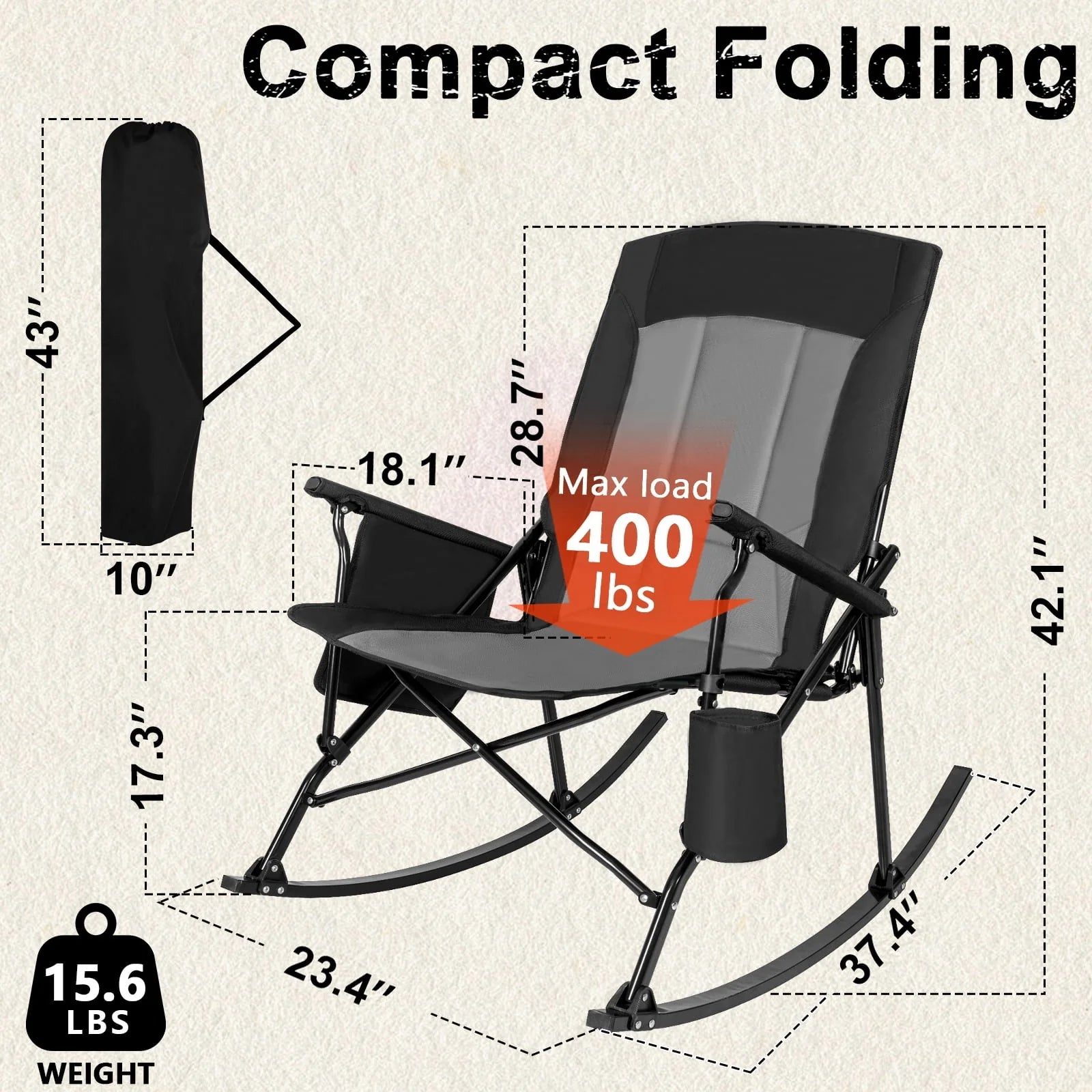 SUNSPIRE Folding Rocking Camping Chair 2-Pack, Heavy Duty Padded Rocker with High Back Hard Armrests for Outdoor Patio Garden