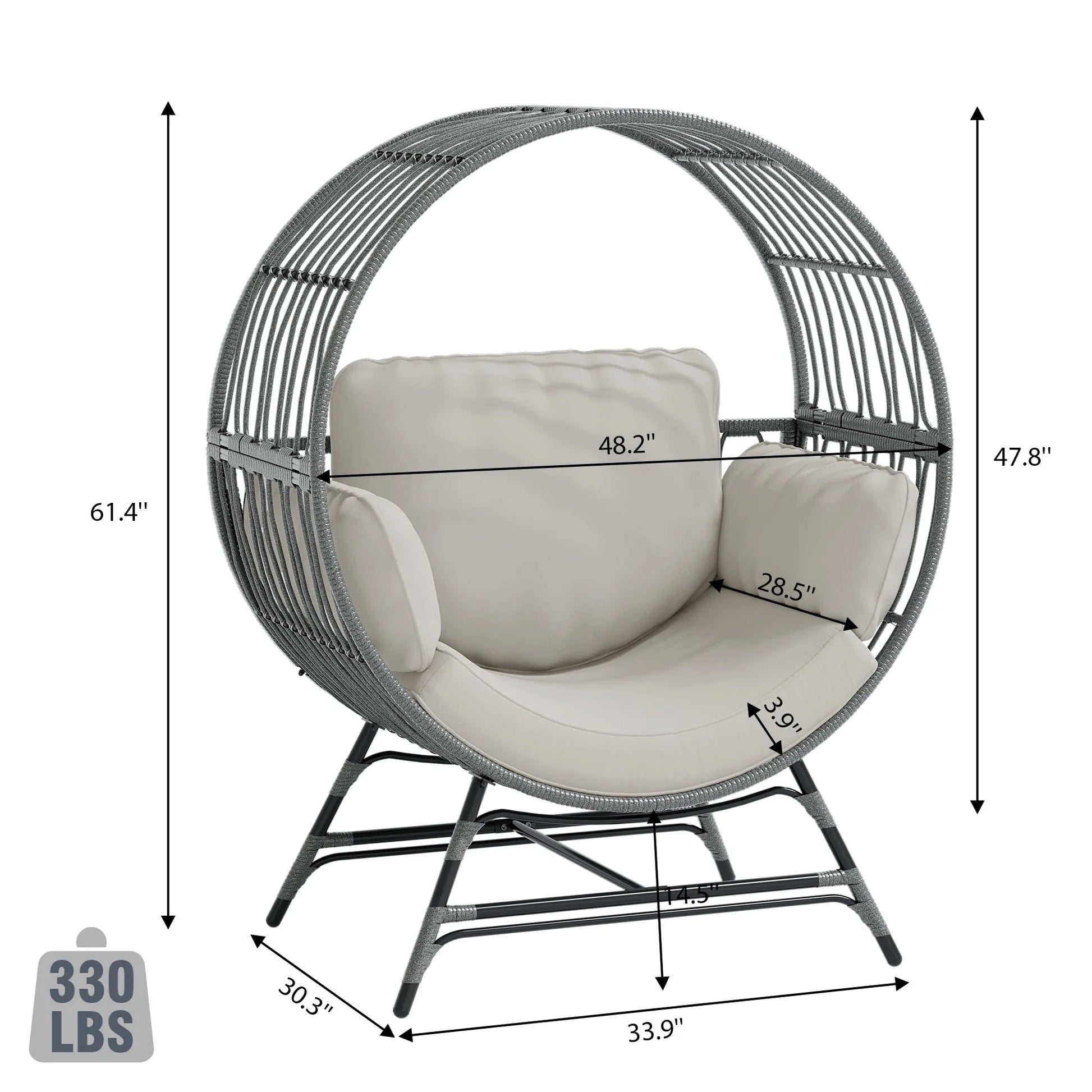 Wicker round Egg Chair, Oversized Indoor Outdoor Lounger for Patio Living Room, W/ 4 Cushions, Steel Frame, 330Lbs Capacity(Gr-Lr)