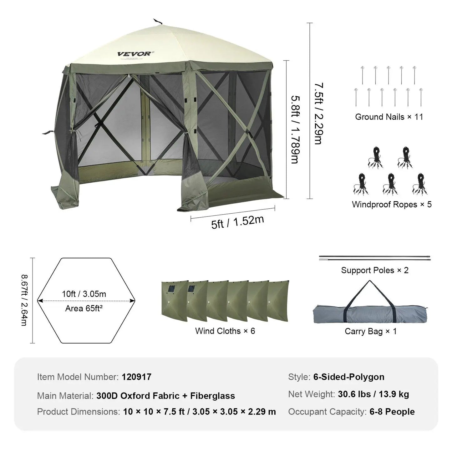 【Dealsforyoudays】Vevor Camping Gazebo Screen Tent, 12*12Ft, 6 Sided Pop-Up Canopy Shelter Tent with Mesh Windows, Portable Carry Bag, Stakes, Large Shade Tents for Outdoor Camping, Lawn and Backyard, Brown/Beige