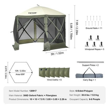 【Dealsforyoudays】Vevor Camping Gazebo Screen Tent, 12*12Ft, 6 Sided Pop-Up Canopy Shelter Tent with Mesh Windows, Portable Carry Bag, Stakes, Large Shade Tents for Outdoor Camping, Lawn and Backyard, Brown/Beige