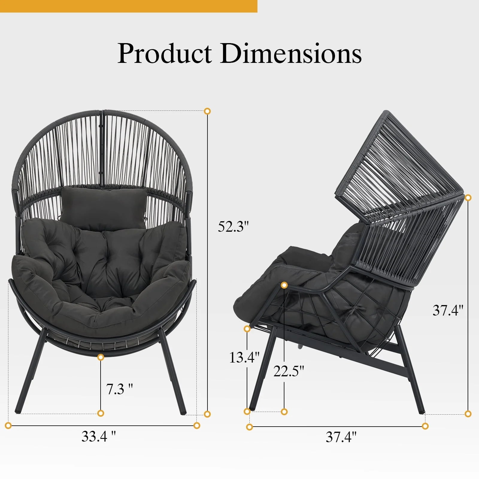 Oversized Egg Chair with Thick Cushion, Wicker Lounge Chair Rattan Patio Chair Indoor Outdoor Patio Lounger Basket Chair W/ Steel Frame, 500Lbs Capacity, Gray