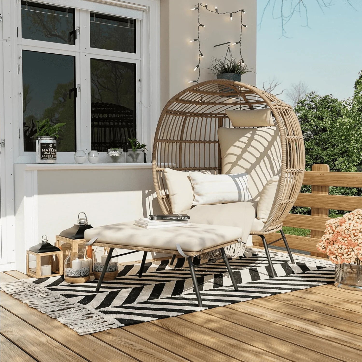 Wicker Egg Chair with Ottoman,Outdoor Indoor Large Egg Basket Lounge Recliner Chair with Thick Cushion for Patio Porch Backyard