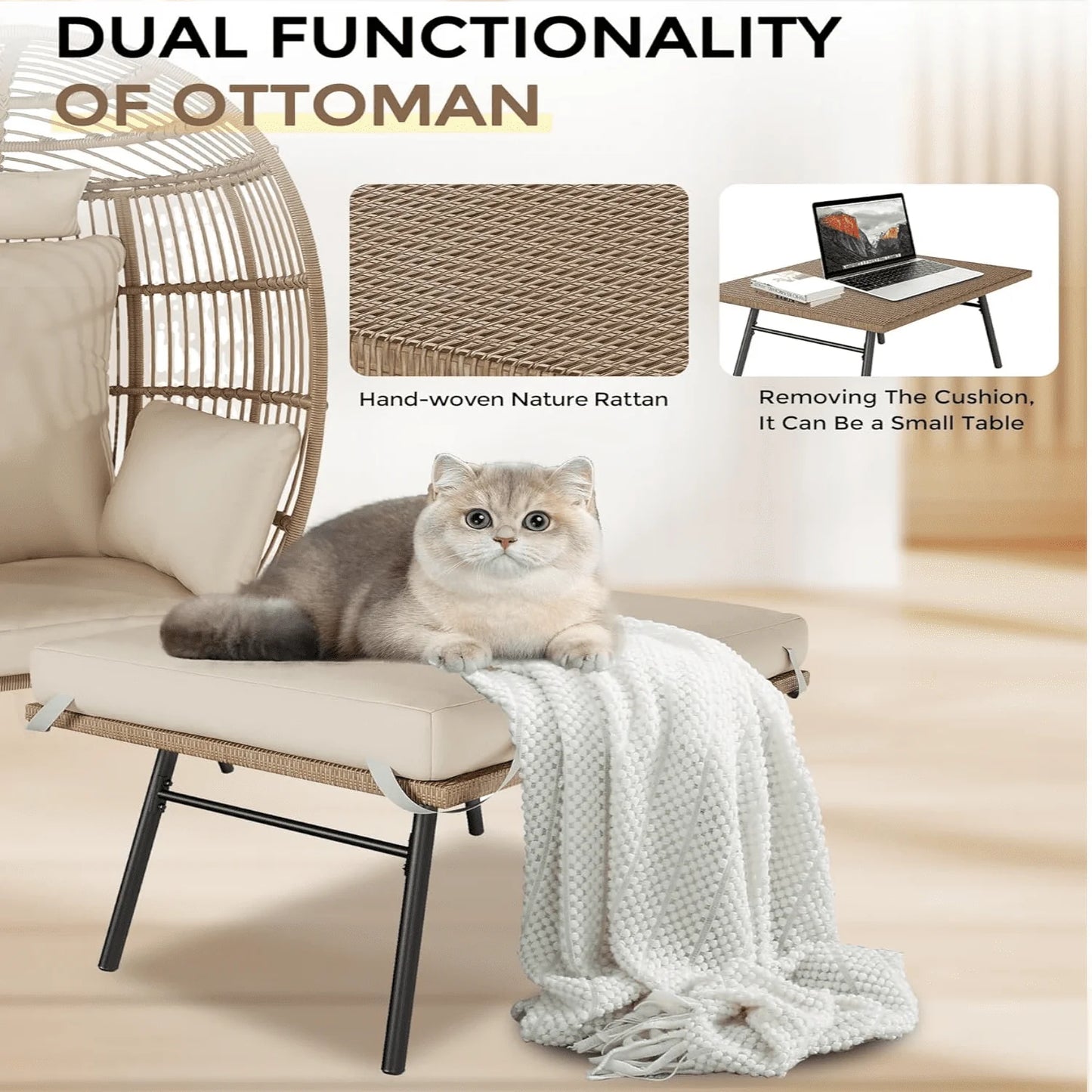 Wicker Egg Chair with Ottoman,Outdoor Indoor Large Egg Basket Lounge Recliner Chair with Thick Cushion for Patio Porch Backyard