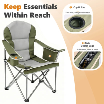 Heavy Duty Camping Chair 500 Lb Capacity, Oversized Extra Wide for Adults, Padded High Back Folding Lawn Chair, 500 Lbs Steel Frame, Portable Outdoor Camping Chair with Cup Holder, Green