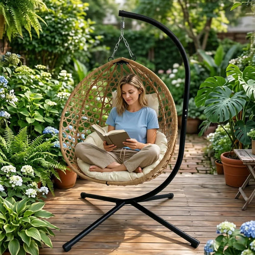 350Lbs Capacity Foldable Hanging Chair with Stand, HDPE Rattan Accent Swing Egg Chair with Cushions for Indoor/Outdoor