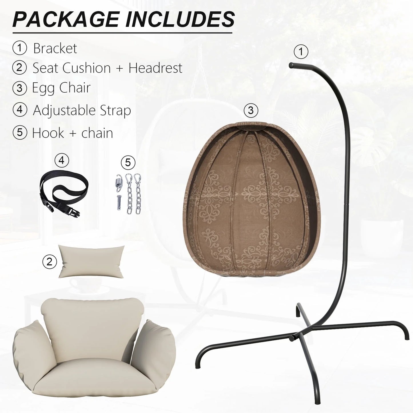 Foldable Egg Chair with Stand, 485LBS Capacity Textilene Hammock Swing Chair for Outdoor & Indoor, Patio Hanging Chair with Strong Frame & UV Resistant Cushion for Balcony, Bedroom, Cream/D2