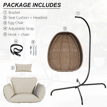 Foldable Egg Chair with Stand, 485LBS Capacity Textilene Hammock Swing Chair for Outdoor & Indoor, Patio Hanging Chair with Strong Frame & UV Resistant Cushion for Balcony, Bedroom, Cream/D2