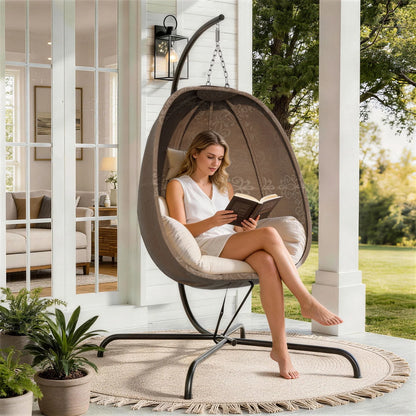 Foldable Egg Chair with Stand, 485LBS Capacity Textilene Hammock Swing Chair for Outdoor & Indoor, Patio Hanging Chair with Strong Frame & UV Resistant Cushion for Balcony, Bedroom, Cream/D2