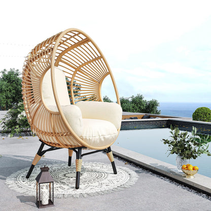 Oversized Egg Chair Outdoor Indoor,Patio Lounge Chair with Thicken Cushions & Durable Steel Frame, Egg Basket Chair 500Lbs Capacity for Garden, Backyard, Porch,Bedroom (Beige-Regular)