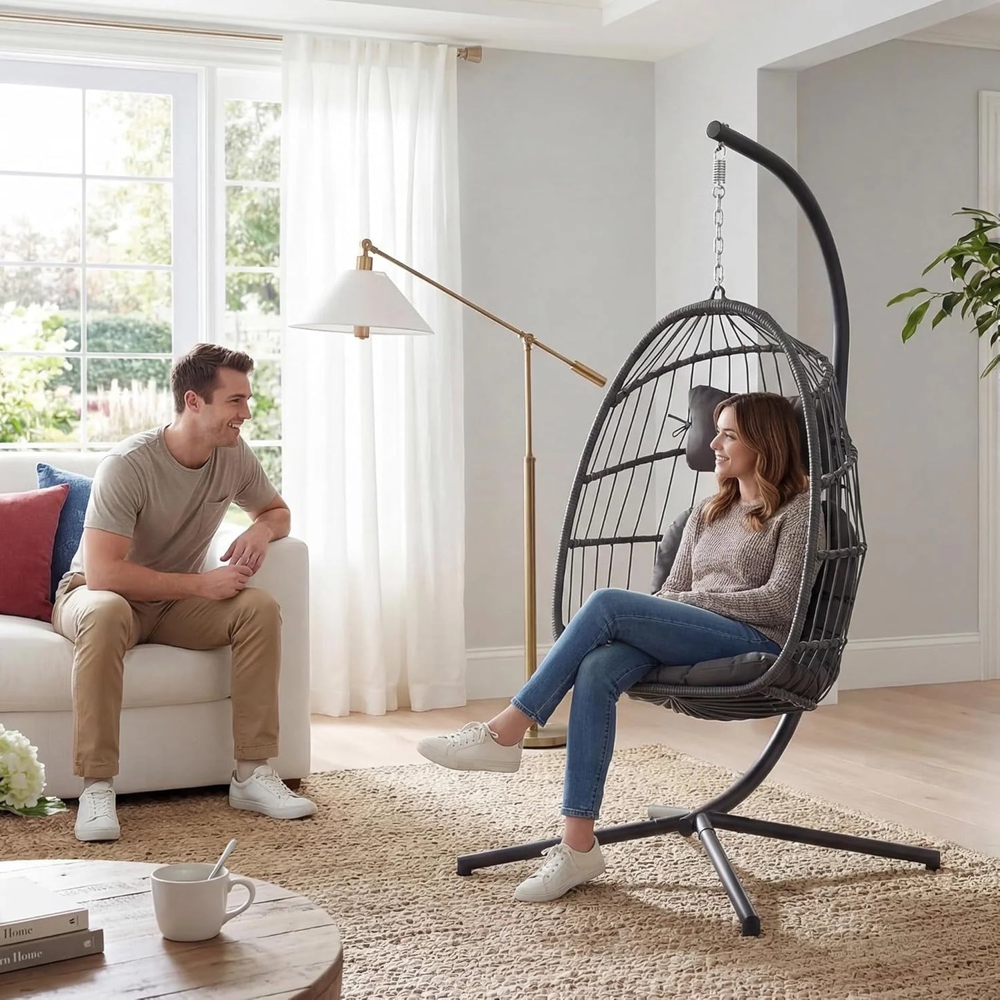 Hanging Egg Chair with Stand, Indoor/Outdoor, 350 Lbs Capacity, Charcoal Grey