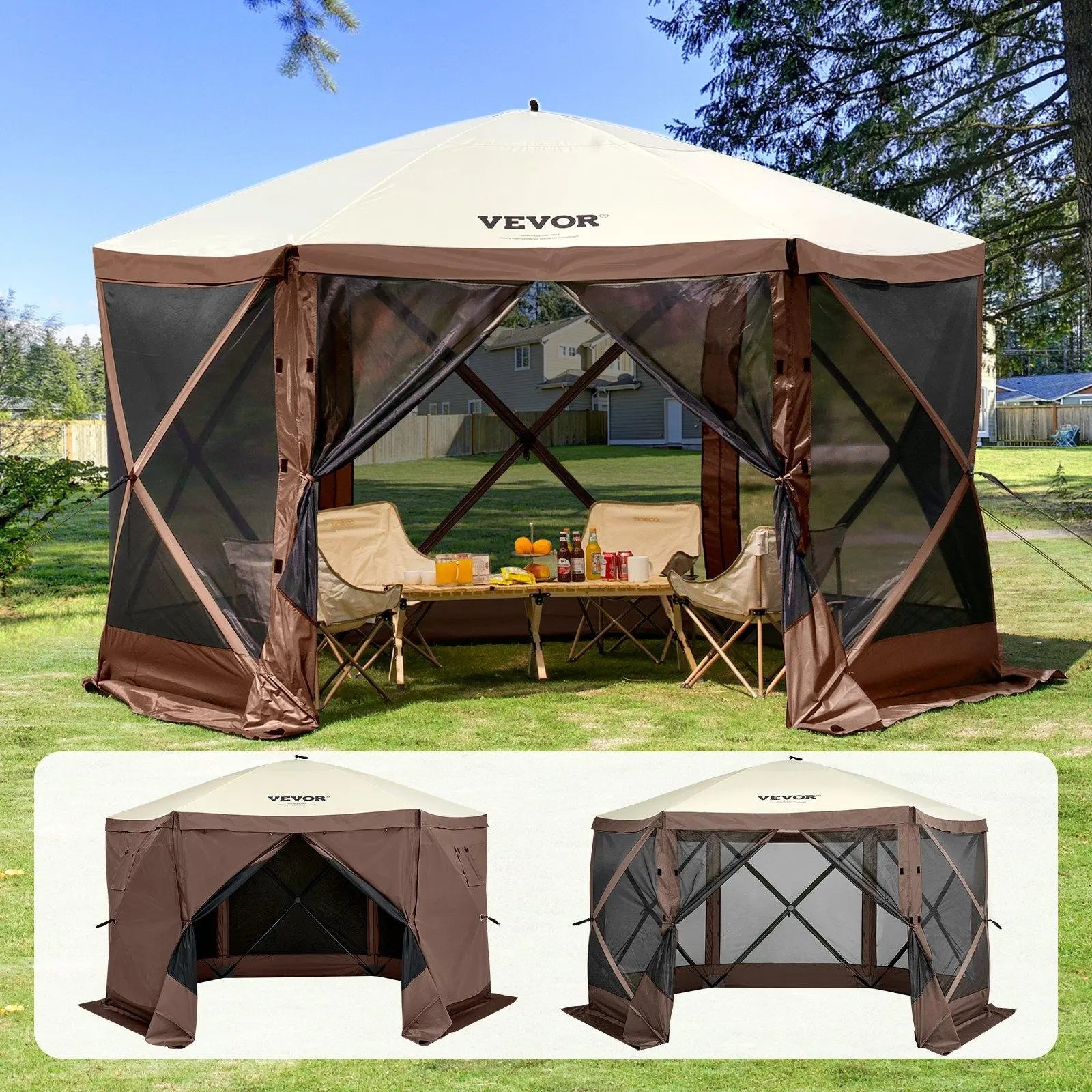 【Dealsforyoudays】Vevor Camping Gazebo Screen Tent, 12*12Ft, 6 Sided Pop-Up Canopy Shelter Tent with Mesh Windows, Portable Carry Bag, Stakes, Large Shade Tents for Outdoor Camping, Lawn and Backyard, Brown/Beige
