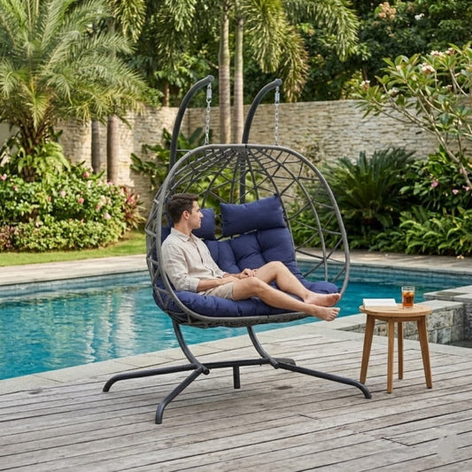 Double Swing Egg Chair with Stand, 2 Person Indoor Outdoor Wicker Loveseat, Oversized Patio Hanging Basket Chair with Cushions, Cozy Sturdy Porch Swing for Backyard