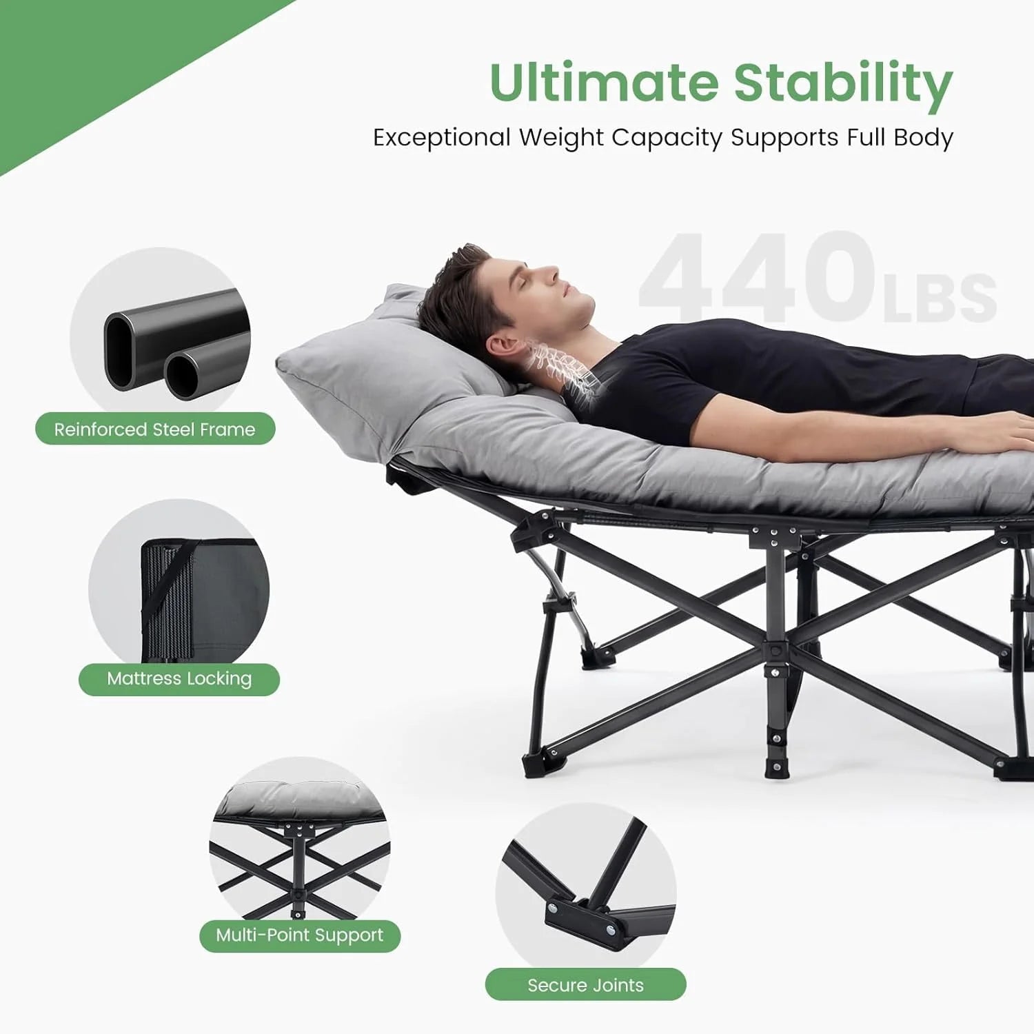 Betcozy Camping Cot, Portable Folding Bed Cot for Rest, 1200D Double Layer Oxford, Gray