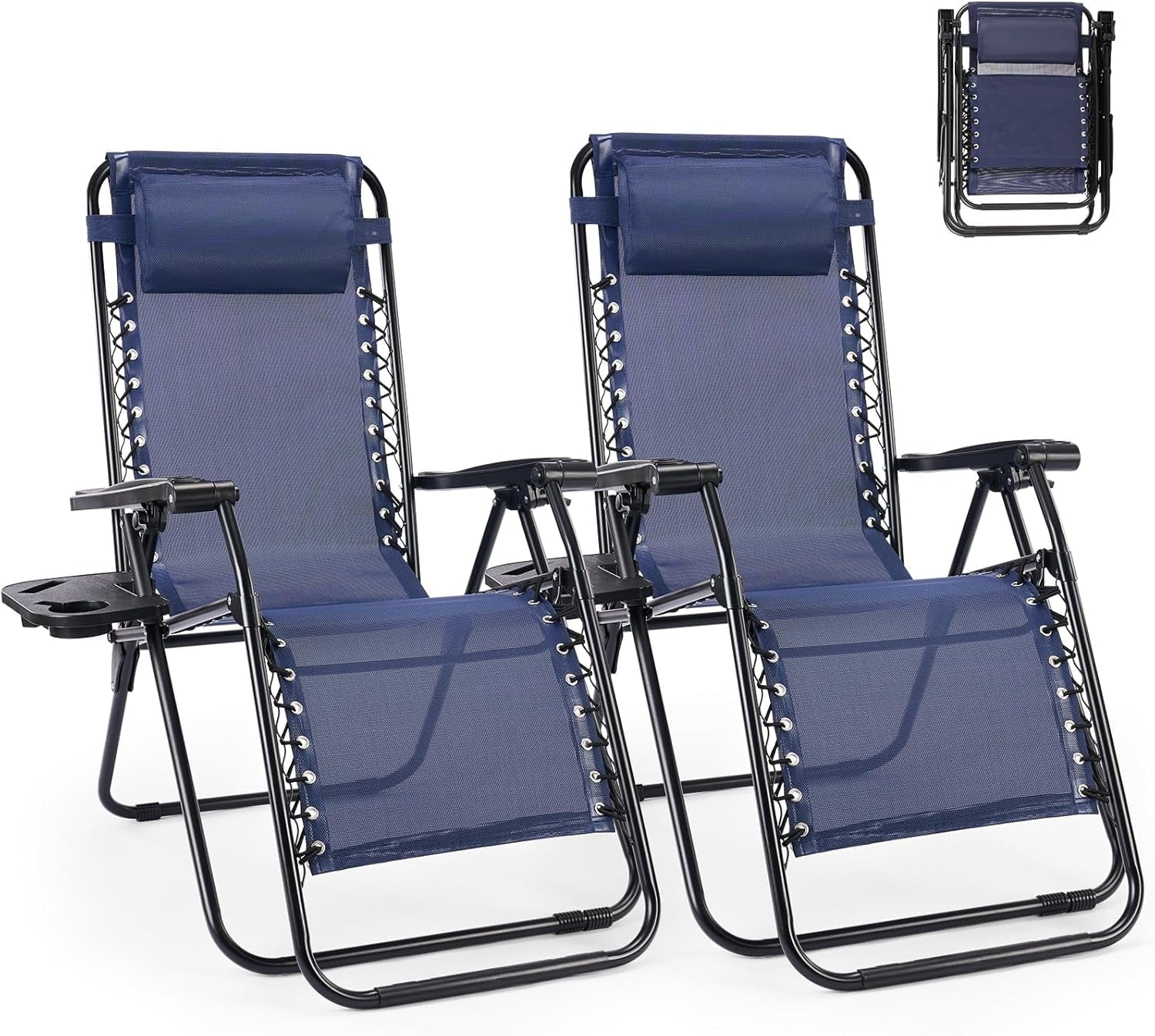Zero Gravity Chair Set of 2, Reclining Folding Outdoor Chairs with Adjustable Headrest & Cup Holder, anti - Gravity Loungers for Backyard, Patio, Lawn, Poolside, Blue