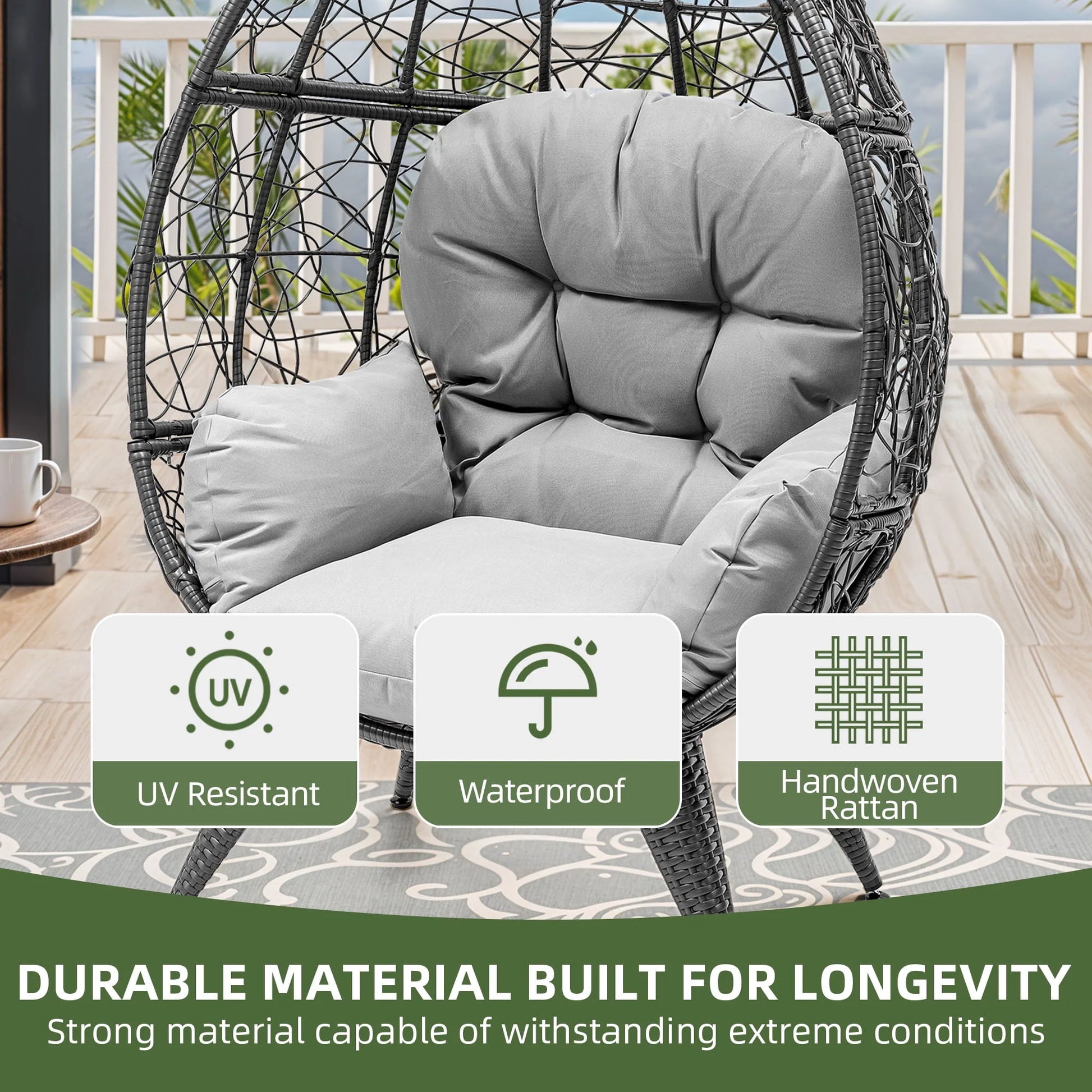 Oversized Wicker Egg Chair with Stand & Cushion, 330 Lb Capacity for Garden and Balcony, Gray