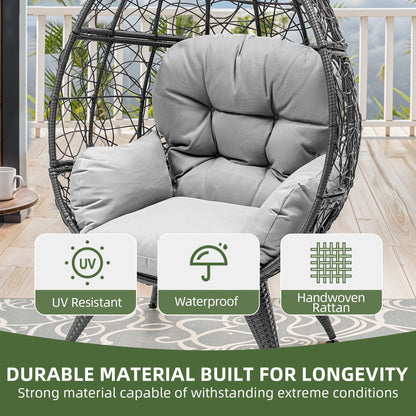Oversized Wicker Egg Chair with Stand & Cushion, 330 Lb Capacity for Garden and Balcony, Gray