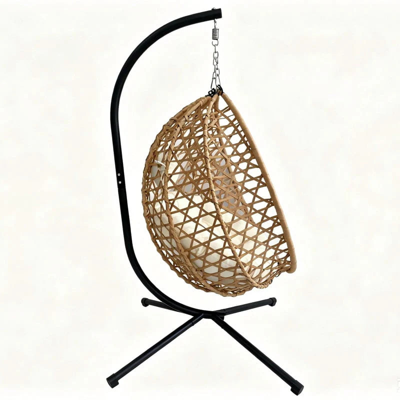 350Lbs Capacity Foldable Hanging Chair with Stand, HDPE Rattan Accent Swing Egg Chair with Cushions for Indoor/Outdoor