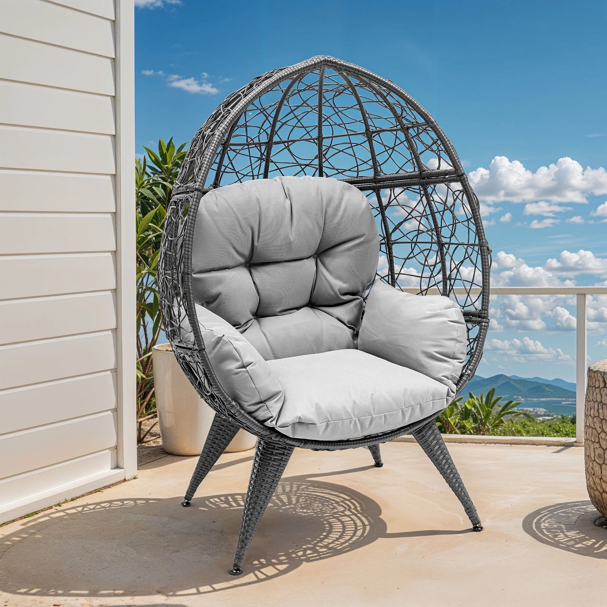 Oversized Wicker Egg Chair with Stand & Cushion, 330 Lb Capacity for Garden and Balcony, Gray