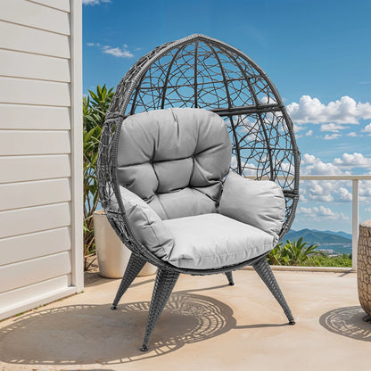 Oversized Wicker Egg Chair with Stand & Cushion, 330 Lb Capacity for Garden and Balcony, Gray