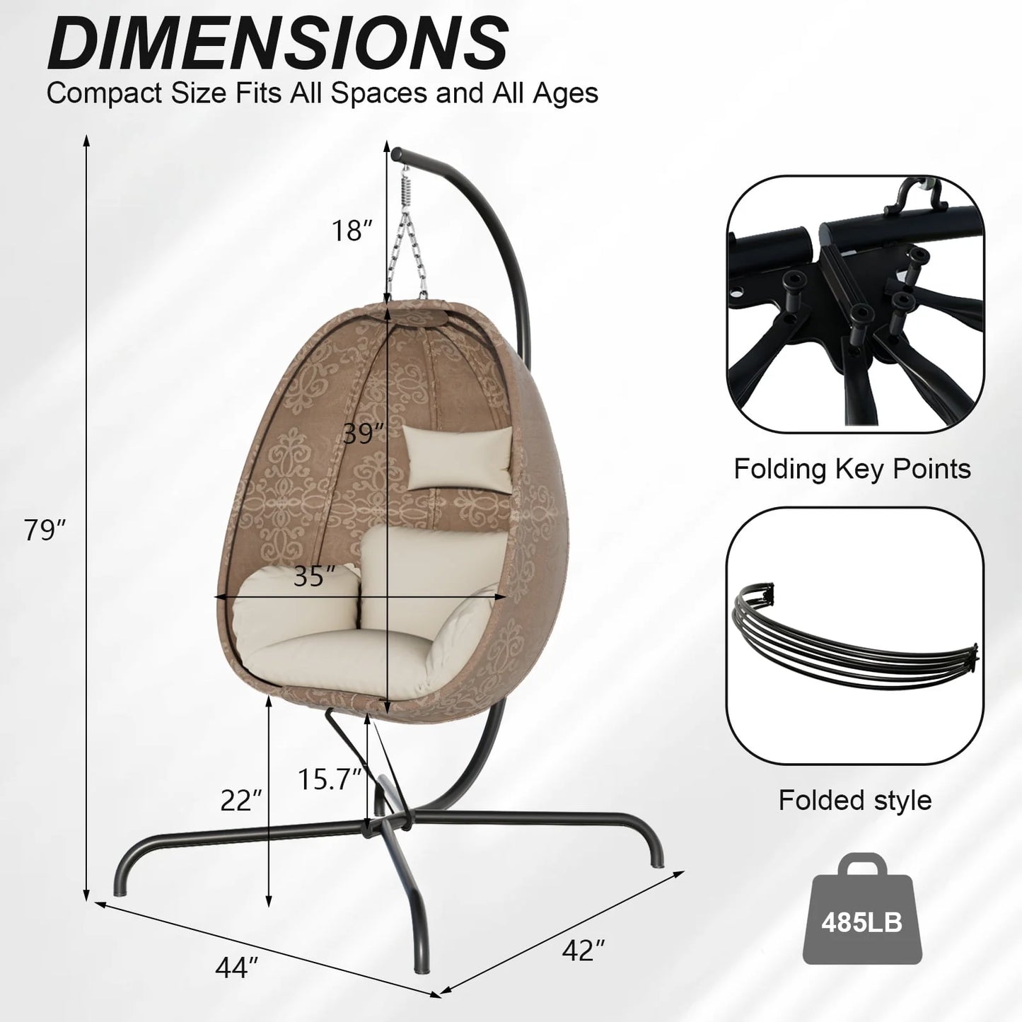 Foldable Egg Chair with Stand, 485LBS Capacity Textilene Hammock Swing Chair for Outdoor & Indoor, Patio Hanging Chair with Strong Frame & UV Resistant Cushion for Balcony, Bedroom, Cream/D2