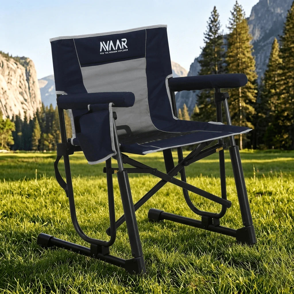 Outdoor Folding Rocking Camp Chair W/Cup Holder, 400Lbs Capacity, Indigo Blue