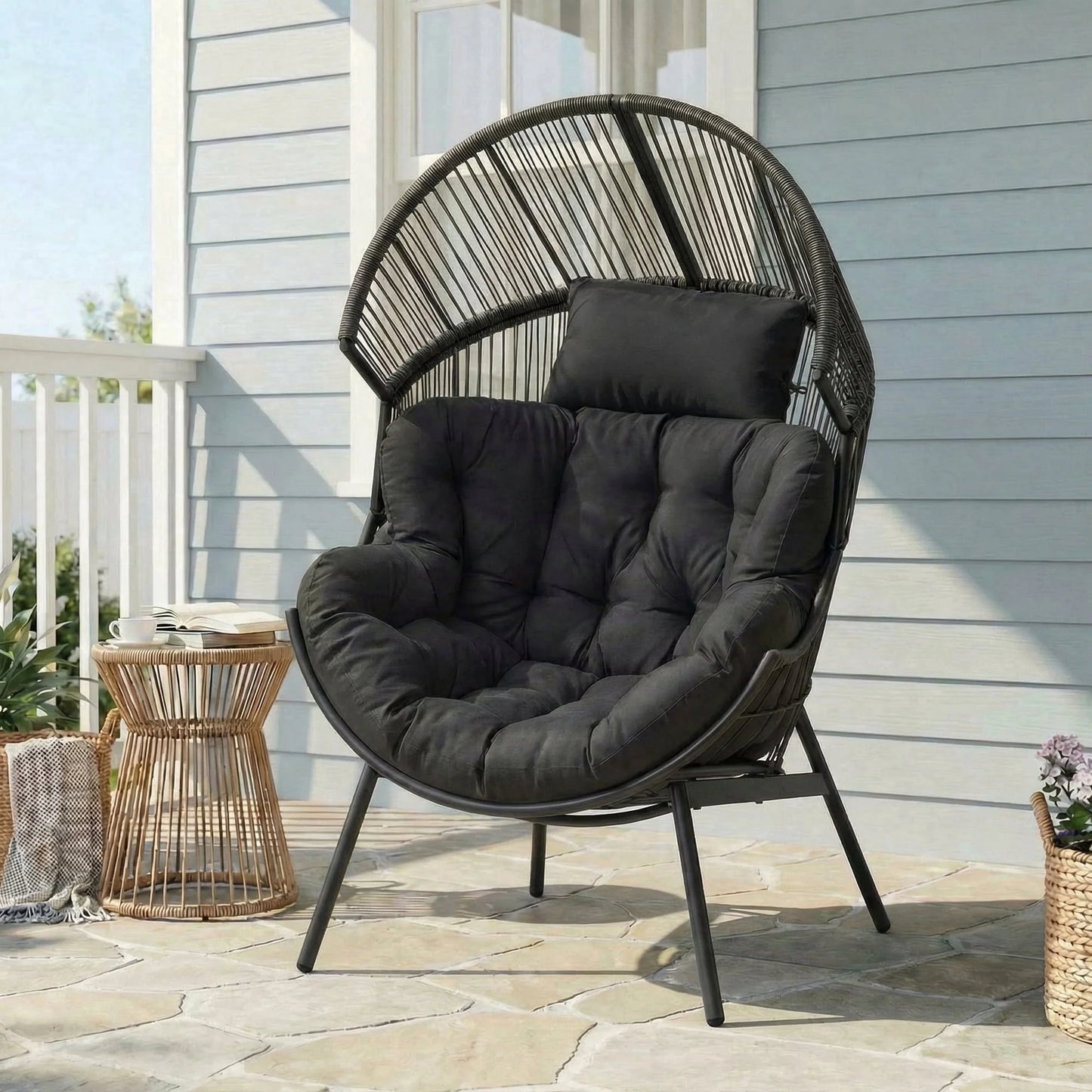 Oversized Egg Chair with Thick Cushion, Wicker Lounge Chair Rattan Patio Chair Indoor Outdoor Patio Lounger Basket Chair W/ Steel Frame, 500Lbs Capacity, Gray