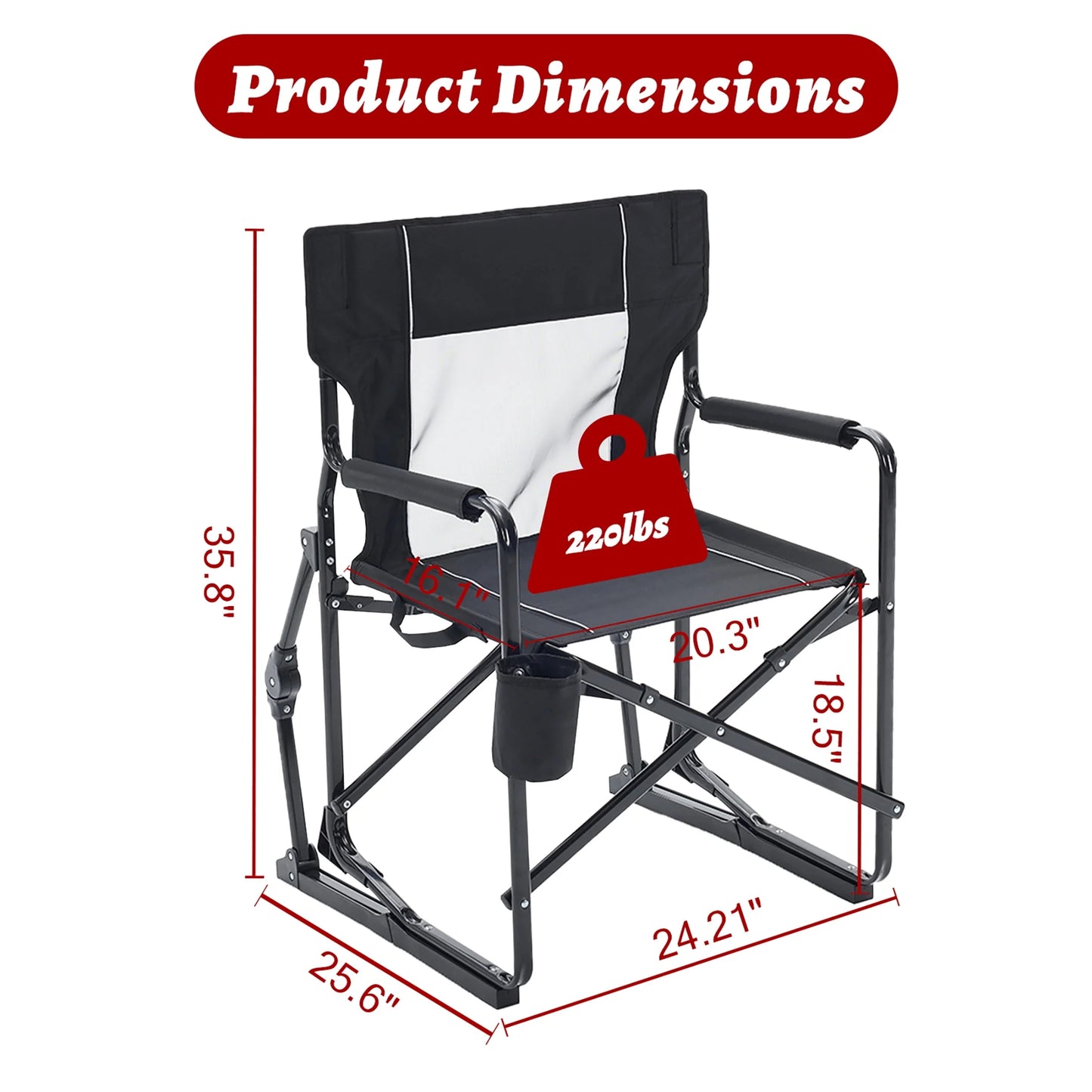 Folding Camping Chair, Padded High Back, Adjustable Lumbar Support, Extra Wide for Adults, 500 Lbs Steel Frame, Portable Outdoor, Black